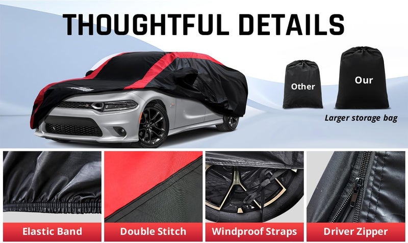AltoCover Dodge Charger Car Cover Waterproof All Weather with Red Strip Design, Custom Fit for Dodge Charger 2006–2023, Charger Accessory with Door Zipper & Windproof Straps - Image 5